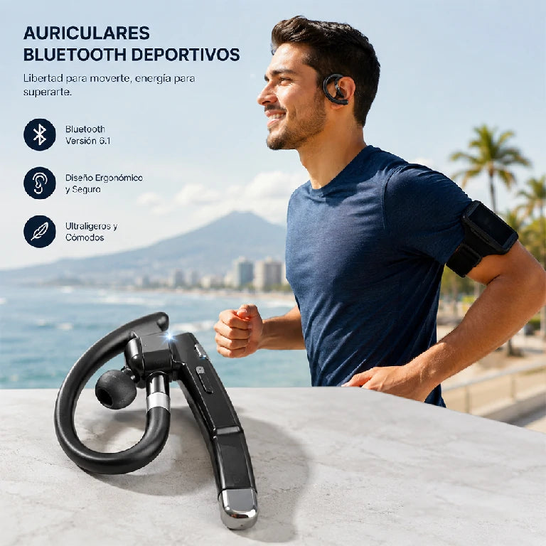 Audífonos Bluetooth Deportivos con Gancho, Batería 10h