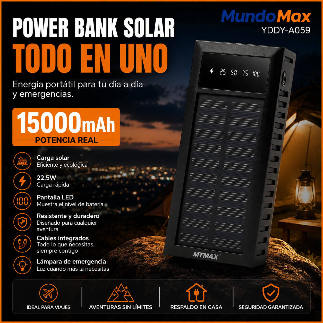 MTMAX Power Bank Solar 15000mAh 22.5W | MundoMax SV