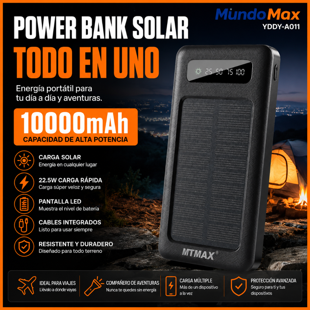 MTMAX Power Bank Solar 10000mAh 22.5W | MundoMax SV